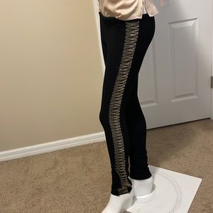 EMILIO PUCCI BLACK KNIT LEGGINGS DELICATE CHAIN EMBELLISHED TUXEDO STRIPE NWOT 4